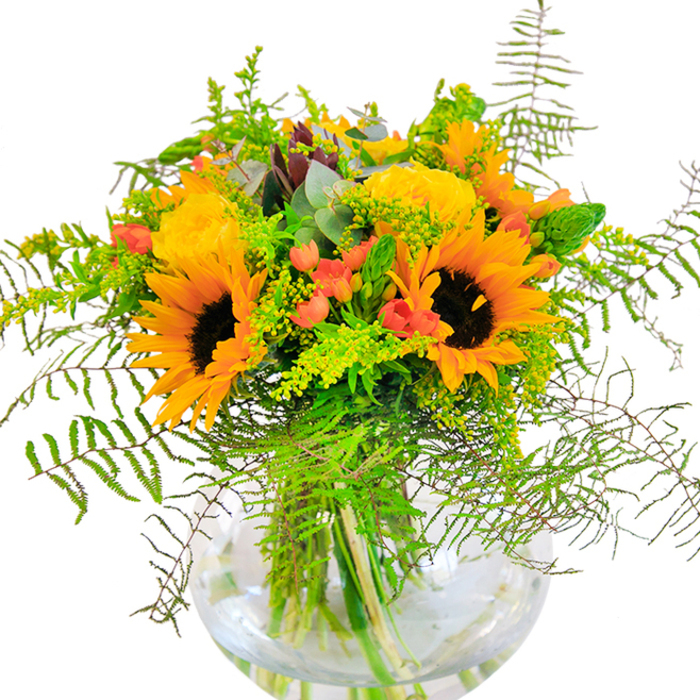 This radiant floral arrangement, a true reflection of Anerley's cheerful spirit, brims with the golden exuberance of sunflowers and yellow garden roses. In a luminous, rounded glass vase reminiscent of the ones gleaming in storefronts along Anerley Road, the sunflowers' golden petals stretch outward, their dark, textured centers anchoring the bouquet with rustic depth. Elegant yellow roses spiral open beside them, their petals packed tightly in classic rosettes, each bloom a testament to careful cultivation and artistry. Scarlet clusters of Hypericum berries are artfully tucked between the flowers, their glossy sheen providing brilliant contrast against the soft petals and lush, layered greens. Wisps of feathery fern fronds arch gracefully downward, interwoven with slender stalks of solidago bursting with tiny yellow blossoms and the subtle blue-green tint of eucalyptus leaves peeking through. The arrangement bursts with freshness, a harmony of rich foliage and lively colour reminiscent of walks past Anerley's leafy gardens in midsummer. The vase's crystal clarity reveals robust green stems immersed in pure water, embodying renewal and transparency. There's a sense of joyous abundance here-a bouquet that celebrates anniversaries, birthdays, or simply the pleasure of uplifting a home with local, hand-tied beauty. Created by the experienced hands at Anerley Florist, this arrangement is ideal for delivery throughout the area, ensuring every occasion is marked by genuine, sunlit joy.