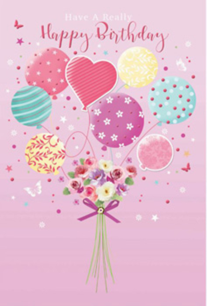 This illustrated birthday card design shows a floating arrangement of balloons and flowers that feels as light and festive as a weekend gathering in Anerley. The background is a tender blush pink, against which a cluster of pastel balloons rises confidently, as if lifting a small garden into the air. Each balloon has its own character: one wears candy-like stripes in rose and lemon, another is dotted with sprightly polka dots, and a central heart-shaped balloon radiates warmth in soft pink and lavender. Their colours range from pale sunshine yellow to seafoam green and gentle mauve, all harmonising like spring blossoms seen along Anerley's residential streets. Beneath this airborne cluster, a hand-tied bouquet anchors the composition, featuring petite roses and daisy-style flowers shaded from creamy ivory through blush to deeper rose. The petals look velvety and freshly unfurled, as though they've just been conditioned and arranged by a local florist for a same-day birthday delivery close to Crystal Palace Park. A vivid violet bow cinches the stems, its satin shine adding a touch of polish and celebration. Soft, even lighting bathes the entire scene, catching the glossy curves of the balloons and the natural sheen of each petal, creating gentle highlights and shadows that suggest depth and movement. Tiny butterflies and star-like sparkles dance around the bouquet, giving the impression of a daydream caught on paper. The overall feeling is one of gentle jubilation and heartfelt care, perfect for making a birthday boy or girl feel seen, loved, and thoroughly celebrated in their own corner of South London.