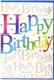 This image presents a striking birthday card that radiates happiness, the kind you might choose to accompany a colourful bouquet delivered across Anerley for a milestone celebration. Centred on the front, the words Happy Birthday stand out in large, plump letters that almost seem to float above the surface. Each character is brushed with a smooth, luminous gradient that shifts gracefully from deep crimson and raspberry pink through royal purple and sky blue, into fresh mint green and finally warm sunshine yellow, echoing the lively palette of party decorations or a mixed spring arrangement from a local florist. The shading within each letter adds a soft dimensional effect, making them look gently raised and touchable. Scattered lightly around this bold phrase, tiny star shapes and specks in coordinating colours provide a sense of movement, like confetti swirling in the air after a birthday toast in a favourite Anerley pub or a family kitchen. Behind it all, the background is filled with repeating lines of Happy Birthday to you written in an elegant, flowing gold script that runs diagonally across the card. This golden writing has a subtle, glittery sheen, catching and reflecting light much like ribbons on a gift or the sheen on a helium balloon. The overall impression is one of joyful elegance: bright without being brash, thoughtfully detailed yet instantly cheerful. You can almost imagine this card standing next to a vase of fresh blooms on a table overlooking Penge or Crystal Palace, quietly amplifying the sense of occasion and making the birthday person feel truly celebrated.