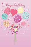 A whimsical birthday artwork unfolds against a smooth pink canvas, where pastel balloons and a dainty bouquet come together like a joyful surprise waiting in an Anerley living room. Above, a playful cluster of balloons floats upward in hues of blush, mint, lemon, and lilac, each decorated with its own festive design: swirling ribbons that arc like party streamers, scattered polka dots that seem to dance, soft florals, and a standout heart-shaped balloon that gently suggests affection. Their surfaces gleam as if catching afternoon light, giving them a soft, glossy radiance. Anchoring this upward motion, a compact bouquet of delicate roses and anemone-style blooms gathers at the base, their petals rendered in creamy ivory, blush pink, and muted mauve tones that echo the balloons above. The flowers look freshly picked and lovingly arranged, imagined with velvety textures and subtle, sweet fragrance, much like a hand-crafted posy ready for birthday delivery around SE20. A neat violet satin bow ties the stems together, its sheen adding a refined finishing touch. Around the central composition, tiny star motifs and fluttering butterfly shapes create a hint of magic, as though the whole scene is lightly sparkling in midair. The atmosphere is airy, sweet, and distinctly celebratory, reminiscent of children's laughter drifting from a garden near Anerley Road. This design doesn't shout; it gently glows with happiness, capturing the feeling of giving or receiving a thoughtfully chosen birthday card that turns a simple message into a moment of shared joy and wonder.